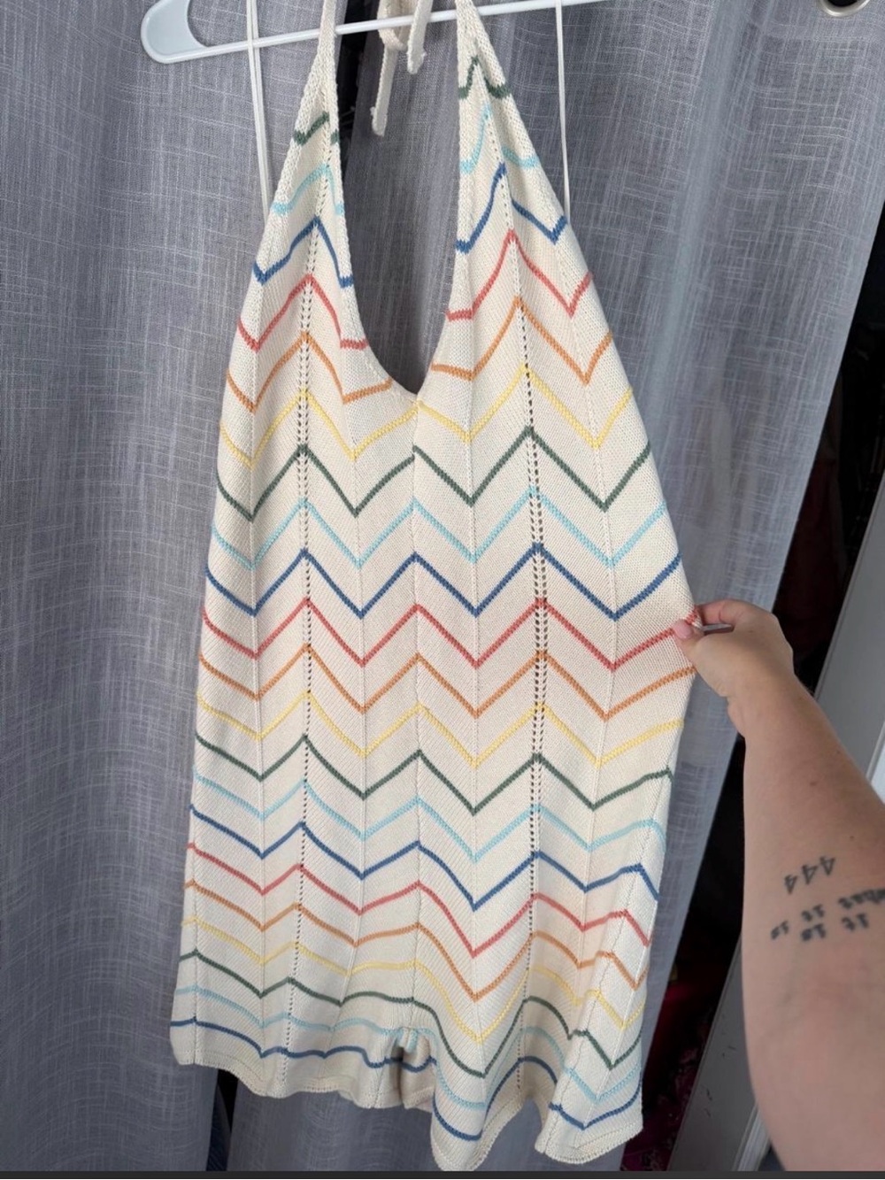 American Eagle Outfitters Cream Halter Romper with Rainbow Chevron Stripes